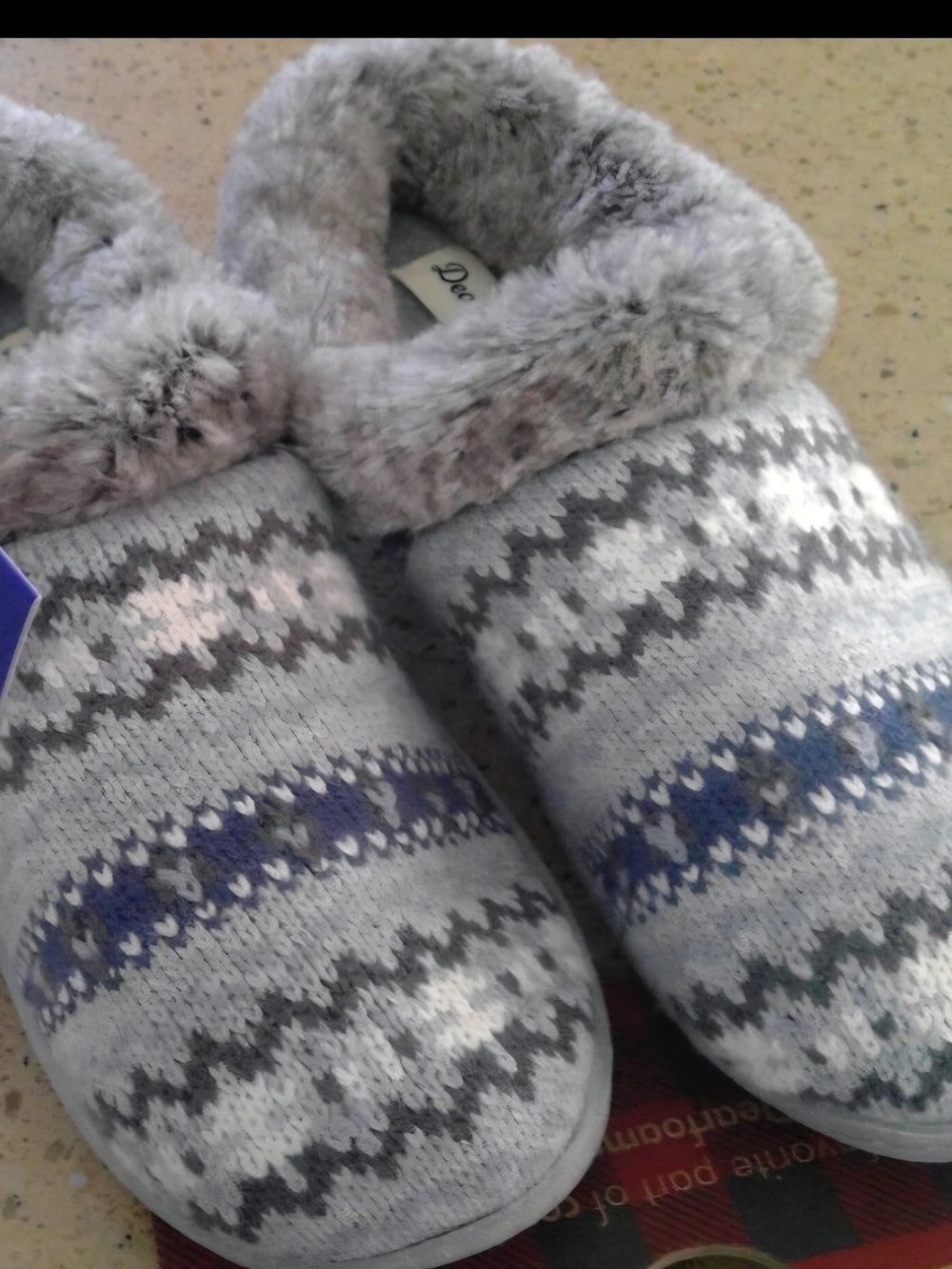 Dearfoams Gray Fair-Isle Knit Slip-On Women's Slippers with Faux-Fur Collar